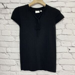 Anthropologie Ett Twa Black Tie Neck‎ Merino Wool Sweater Top Size S Cap Sleeve